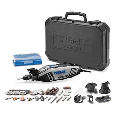 DREMEL<sup>&reg;</sup> Rotary Tool Kit - The Dremel 4300 variable speed rotary tool offers the highest performance and most versatility of all Dremel rotary tools. Also, it can use all existing Dremel rotary tool accessories and attachments plus high-performance attachments to complete the widest range of projects. A slim, ergonomic body provides a 360-degree grip zone for comfort and control in any grip position. Kit includes Dremel tool, 5 attachments, 40 high-quality Dremel accessories, deluxe carrying case, and accessory case.